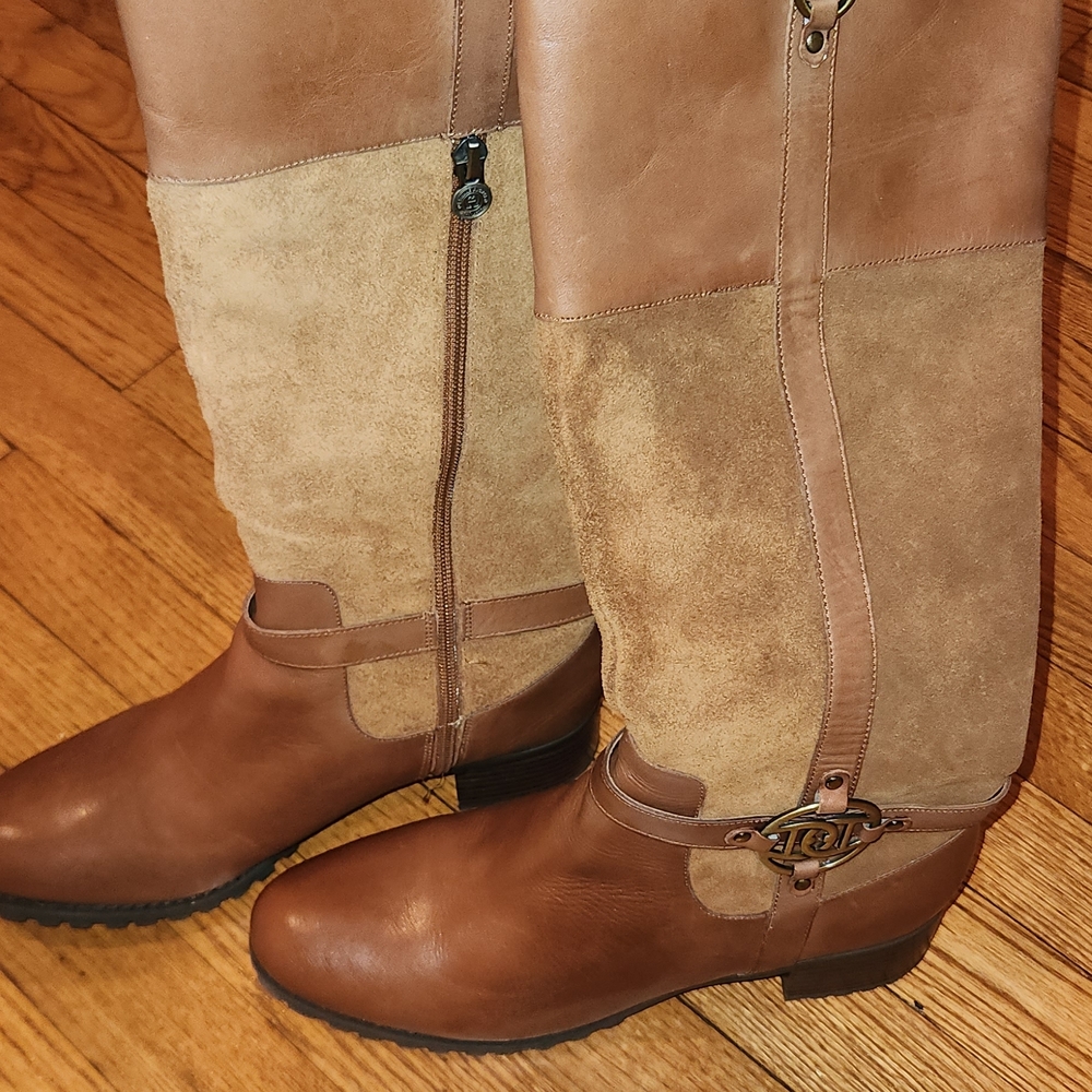 Etienne Aigner Tan and Brown Over the Knee Boots